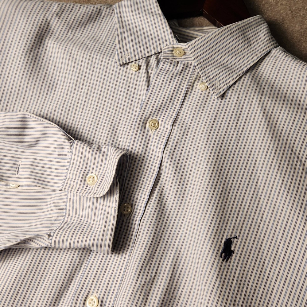 Polo Ralph Lauren Mens Classic Fit Striped Button Down Shirt Navy Blue White L